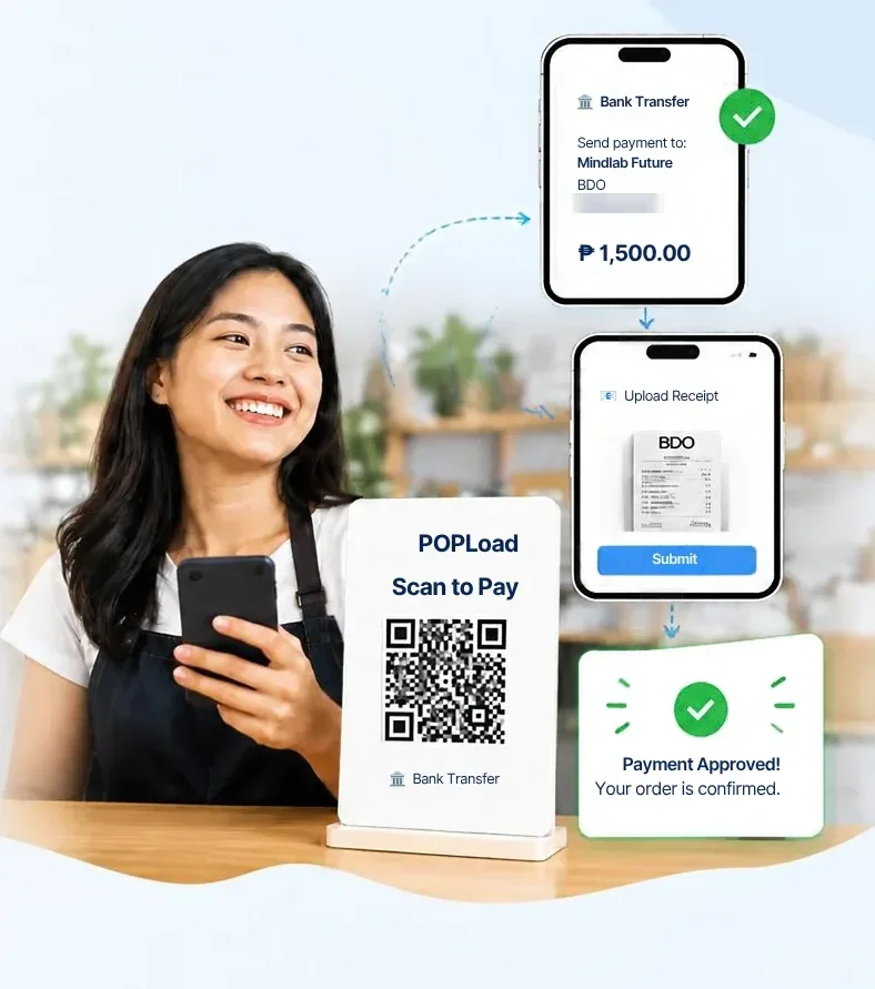 A shop owner with a POPLoad scan-to-pay QR stand, next to phone screens showing a bank transfer, a receipt upload and a payment approved message
