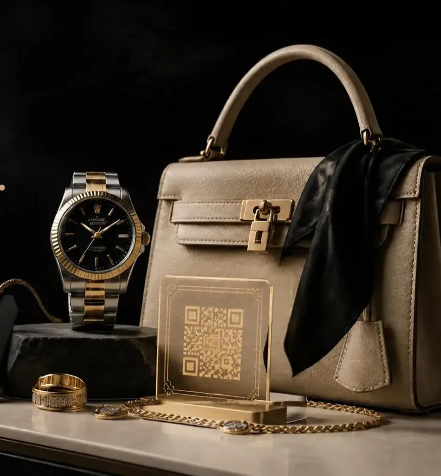 A watch, a handbag and a gold QR authenticity certificate on a marble table