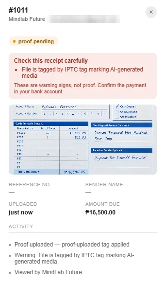 Receipt details flagged: file is tagged as AI-generated media