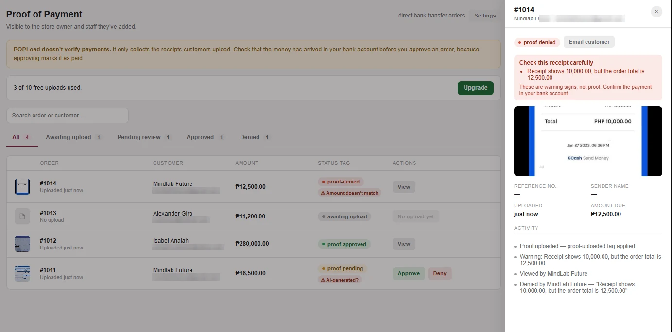 POPLoad dashboard listing bank transfer orders by status, with an open receipt flagged because the amount doesn't match the order total