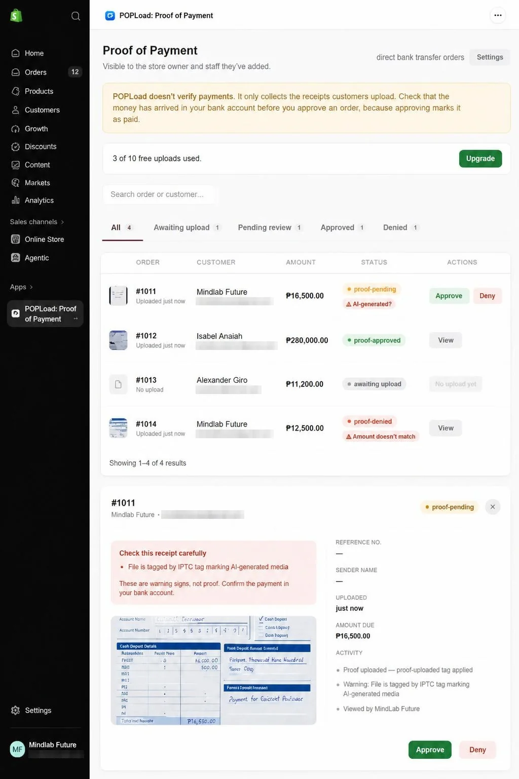 POPLoad dashboard: bank transfer orders by status (proof-pending, proof-approved, awaiting upload, proof-denied) with warning badges, and an open receipt flagged as AI-generated with Approve and Deny buttons