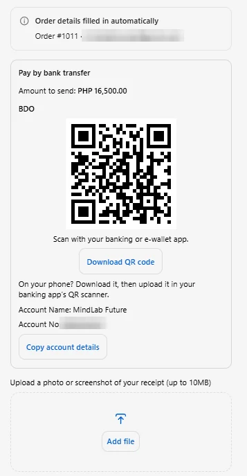 POPLoad on the Shopify Thank You page: amount to send, the store's bank QR code, Download QR code and Copy account details buttons, and the receipt upload box