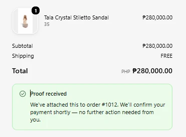 Thank You page confirmation: Proof received, attached to order 1012