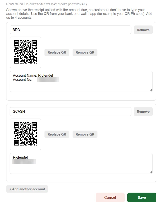 POPLoad settings with two payment accounts, BDO and GCash, each with its own QR code and account details